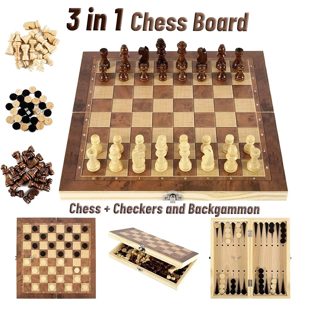 Board Game Vantage - 3 in 1 Wooden Checkers Backgammon